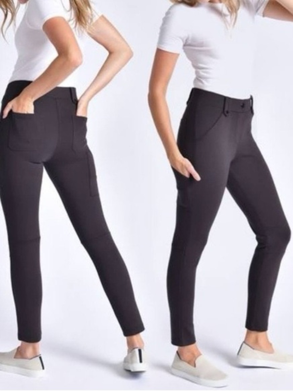 BETABRAND Black Stretchy Skinny Stretch Utility Cargo Pants w Hip Leg Pockets